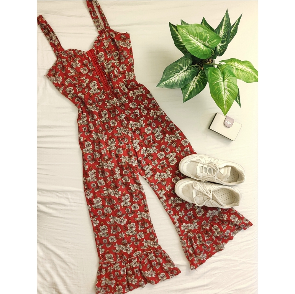 American Eagle Cropped Red Floral Jumpsuit